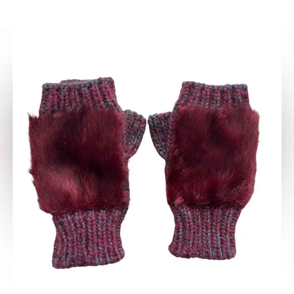 SAKS FIFTH AVENUE Fingerless Knit Gloves Faux Fur Burgundy Gray Metallic